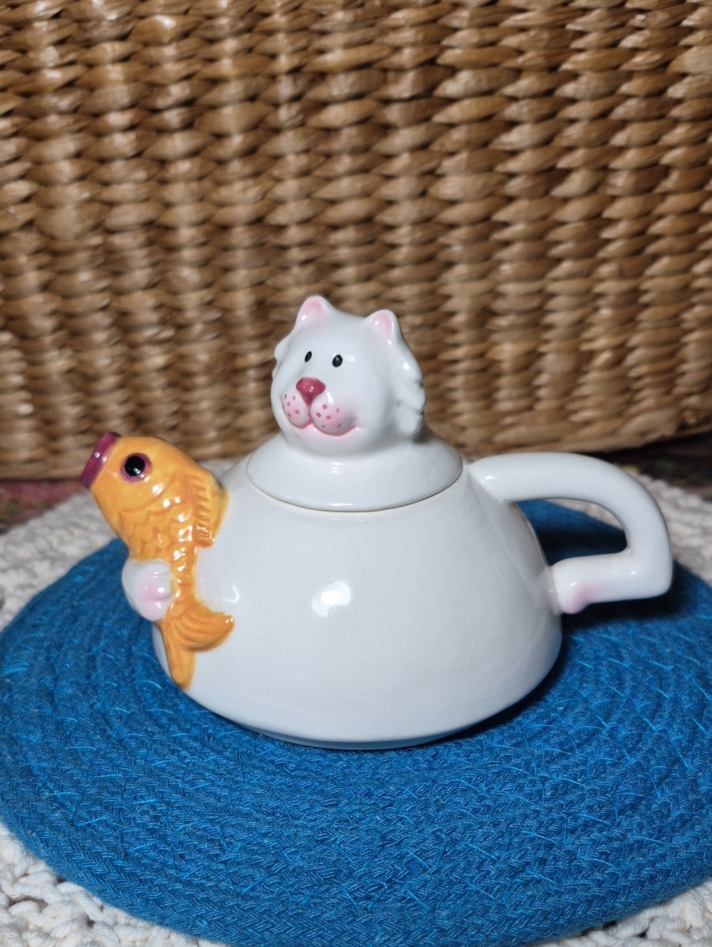 Whimsical Vintage Hand-Painted Porceline Cat/Koi Fish "Tea-For-One" Teapot